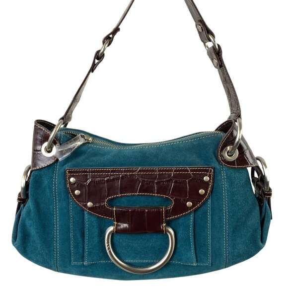 Maxx New York Belted Teal Blue Brushed Leather Steel Ring Handbag - Picture 1 of 10